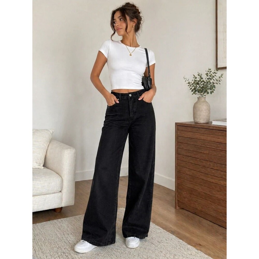 Old Navy Black WOW Wide Leg High Rise Jeans Size 8 Minimalist Clean Girl Casual